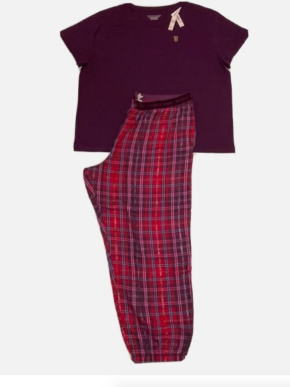 Victoria Secret Pajama Set Womens XL Regular Flannel Jogger Tee Purple Plaid